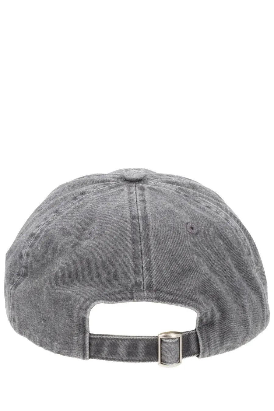 Faded gray denim baseball cap with silver buckle and adjustable strap shown from the back by sunflower men