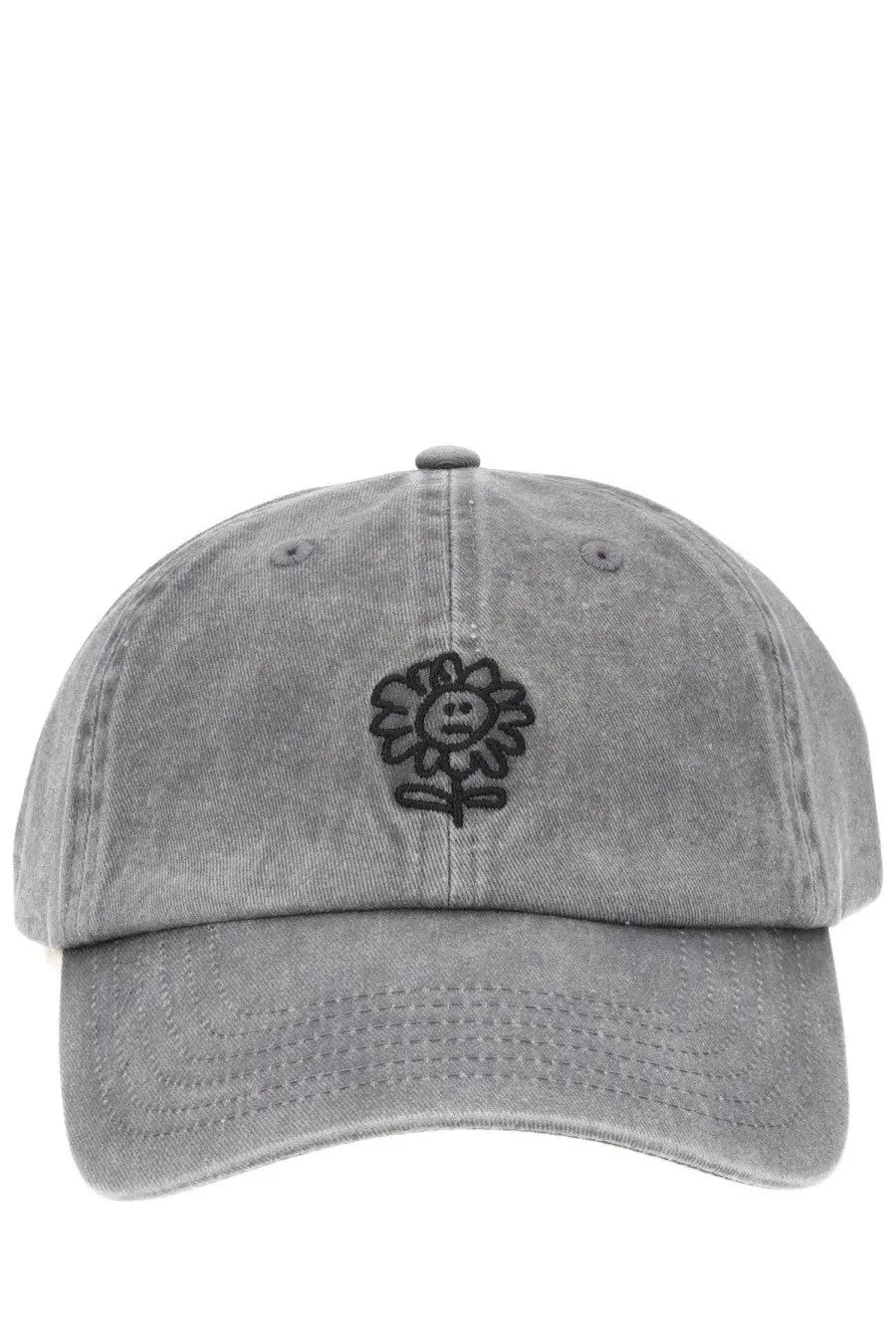 Gray denim baseball cap with black embroidered smiling sunflower featured in sunflower men’s cappello da baseball con grey