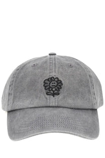 Gray denim baseball cap with black embroidered smiling sunflower featured in sunflower men’s cappello da baseball con grey