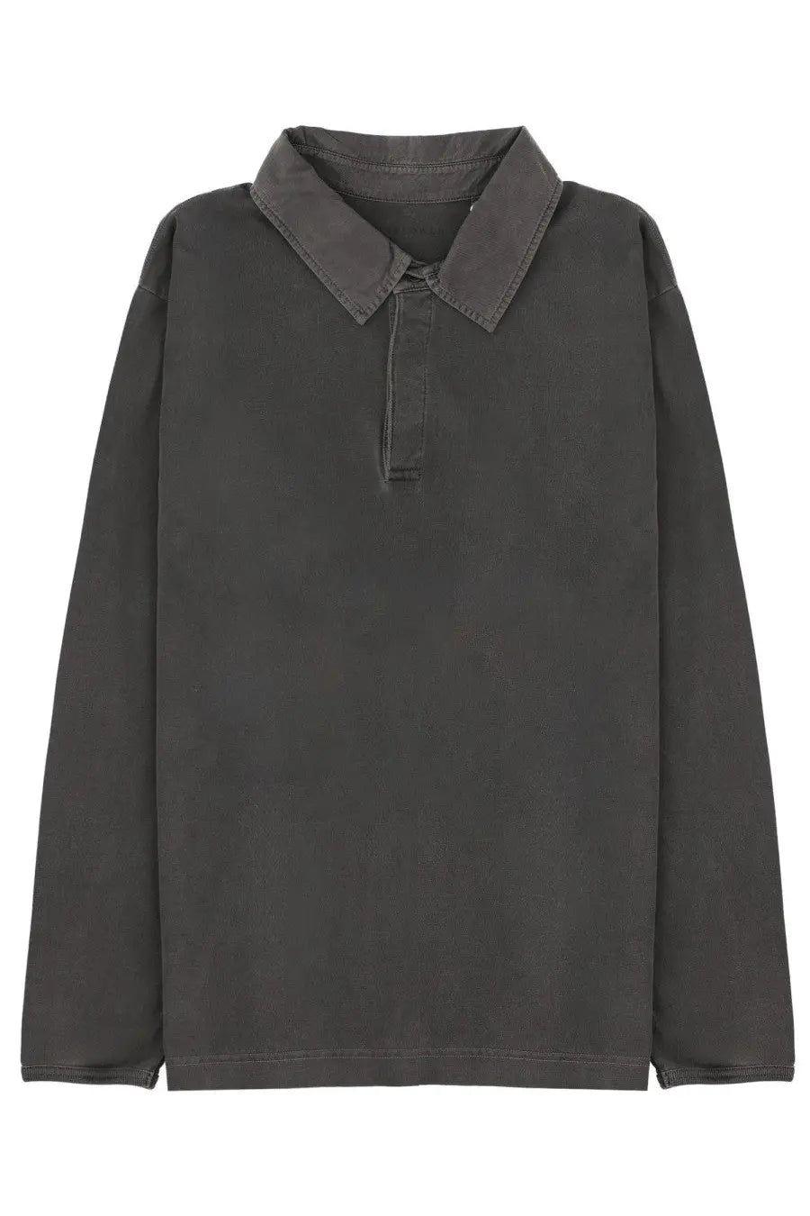 Dark gray long-sleeved polo shirt with classic collar and button placket made from heavy jersey rugby material