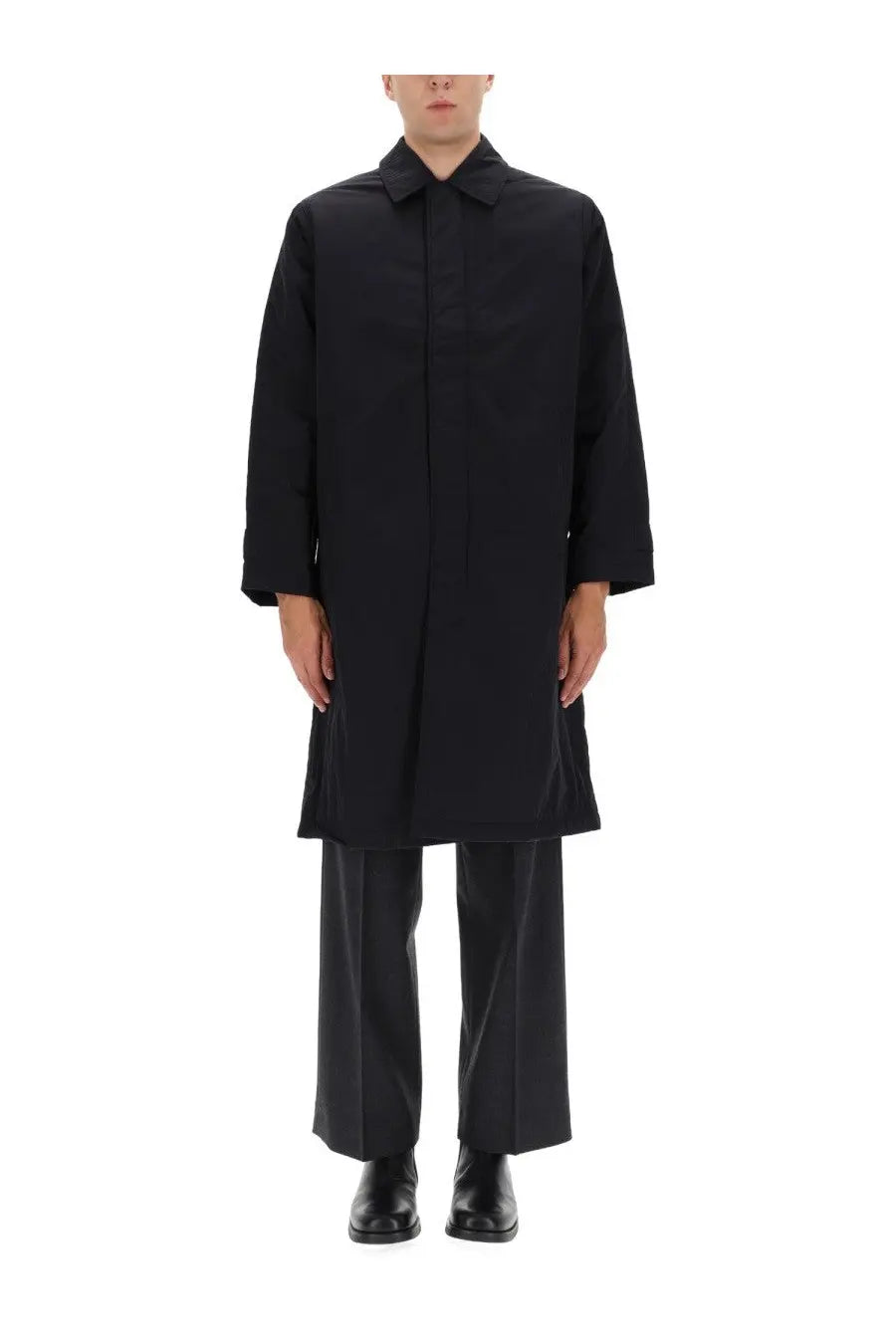 Black minimalist sunflower men’s relaxed trench coat with structured collar and straight-cut sleeves
