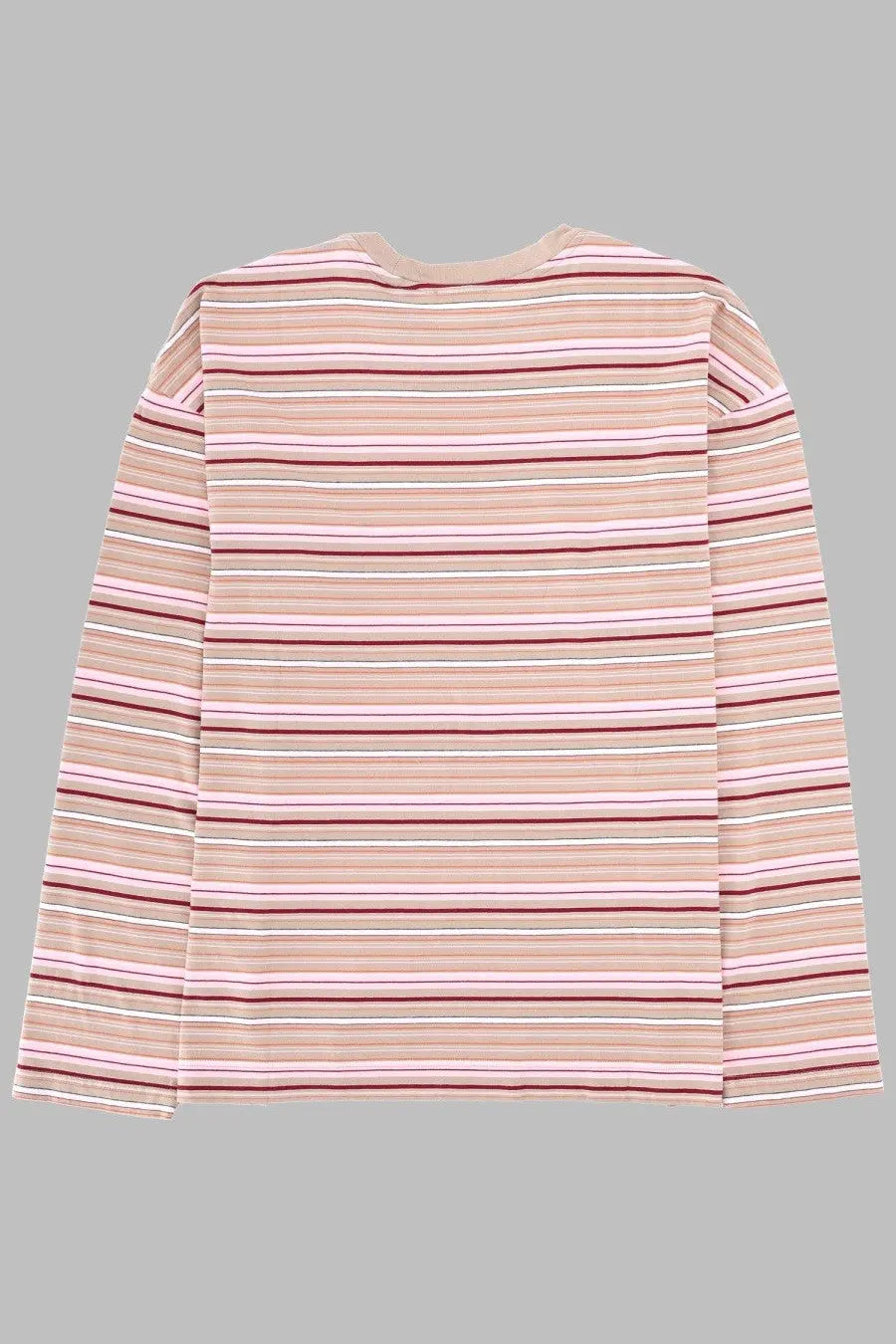 Sunflower men’s long-sleeve cotton shirt with blush pink mauve and muted maroon stripes on light beige fabric