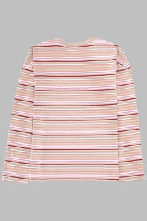 Sunflower men’s long-sleeve cotton shirt with blush pink mauve and muted maroon stripes on light beige fabric