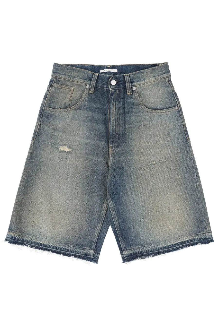 Sunflower men’s shorts in denim blue featuring distressed blue denim with frayed hem and subtle fading