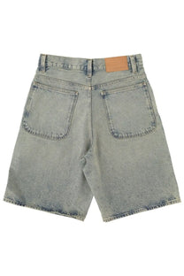 Sunflower men’s shorts in denim blue showing the back side with light-wash faded distressed finish and classic pockets