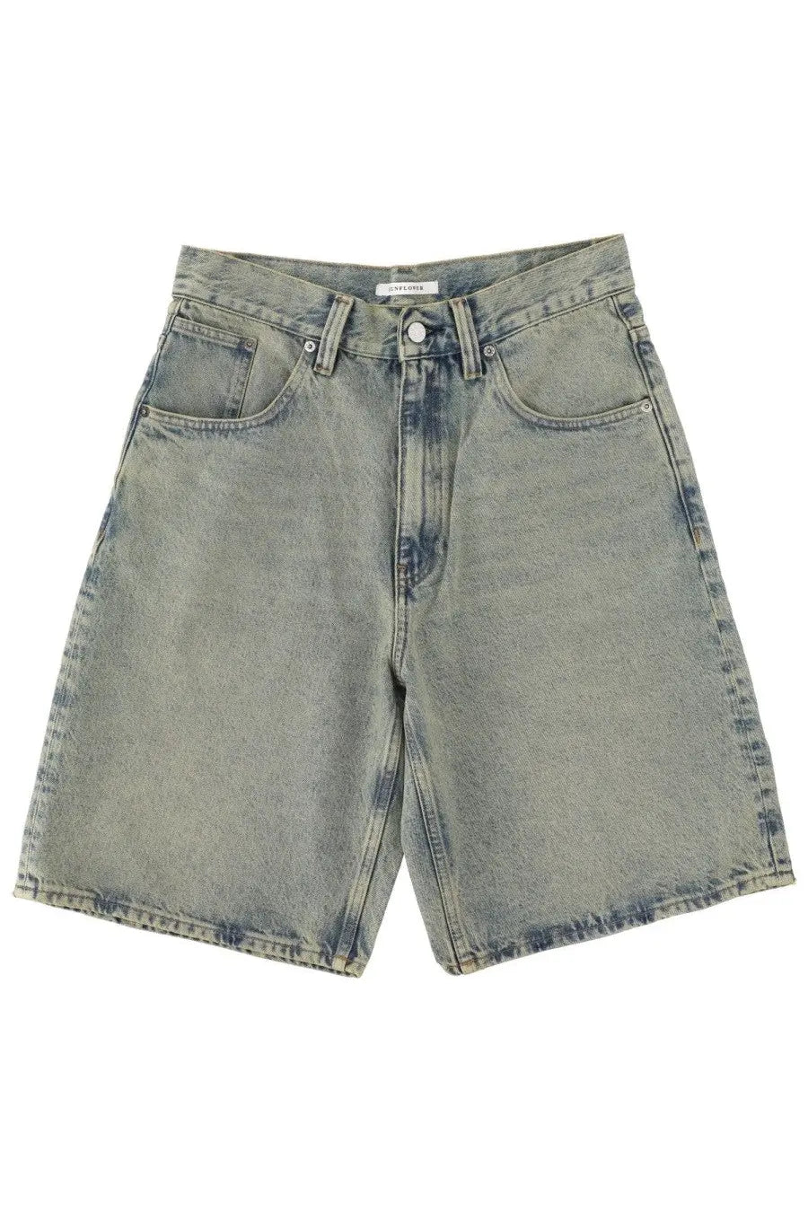 Light-wash denim blue sunflower men’s shorts with faded distressed look and classic five-pocket design front view