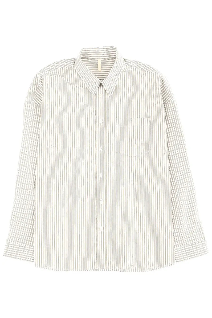 A relaxed-fit sunflower men’s stable shirt with long sleeves in soft off-white and muted gray vertical stripes