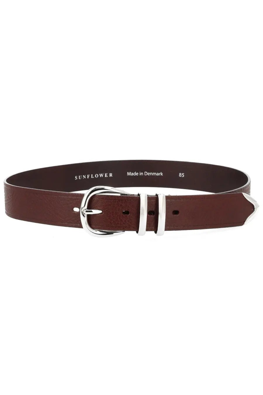 Brown leather sunflower men’s tip end belt with silver buckle and three vertical metal bars on the inner side