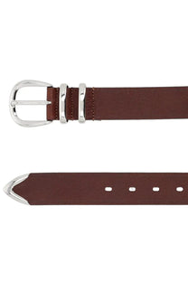 Sunflower men’s tip end belt brown made of brown leather with a silver toned buckle and matching metal prongs