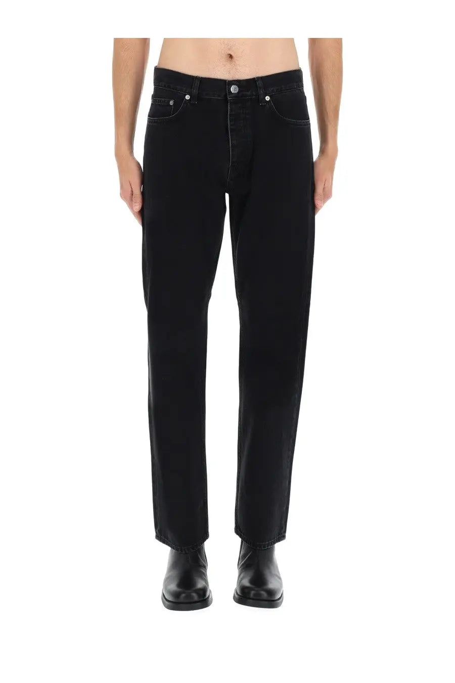 Sunflower men’s wide twist black denim jeans with straight-leg cut and silver-toned hardware visible from front