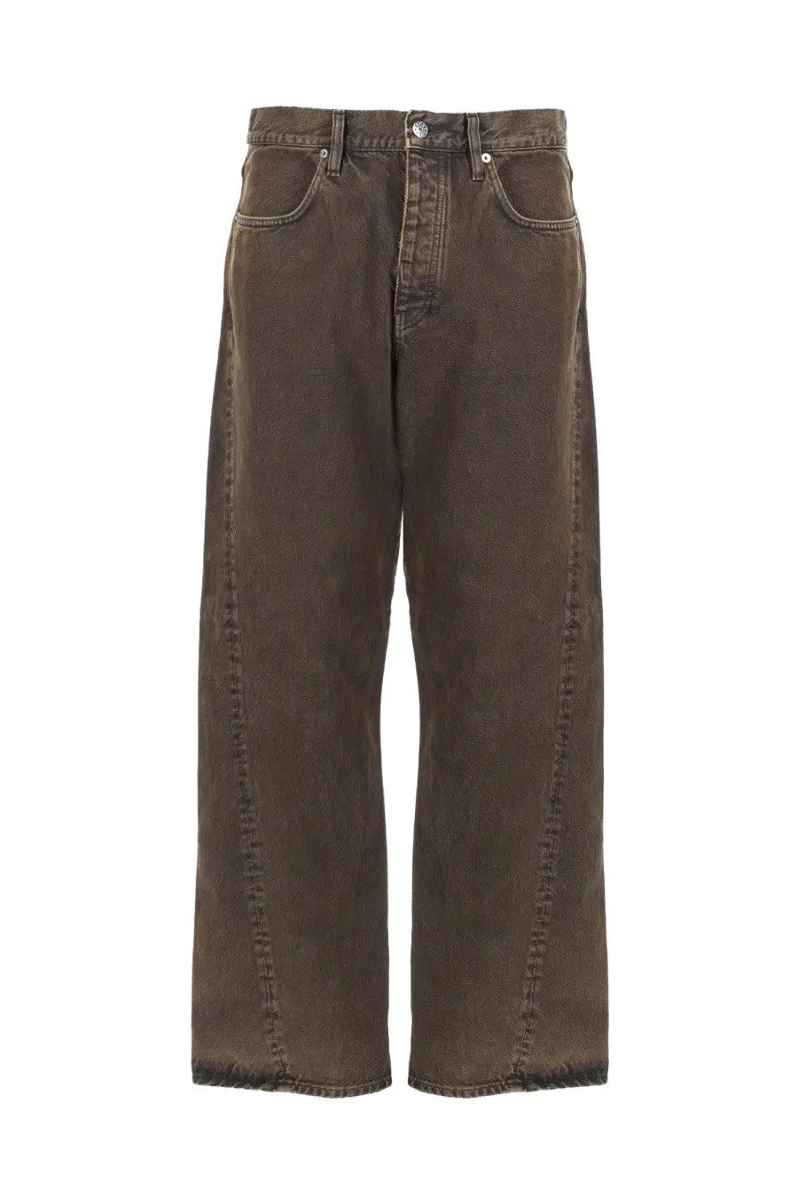 Dark brown wide-leg denim jeans with relaxed fit and visible stitching in sunflower men’s wide twist pants brown