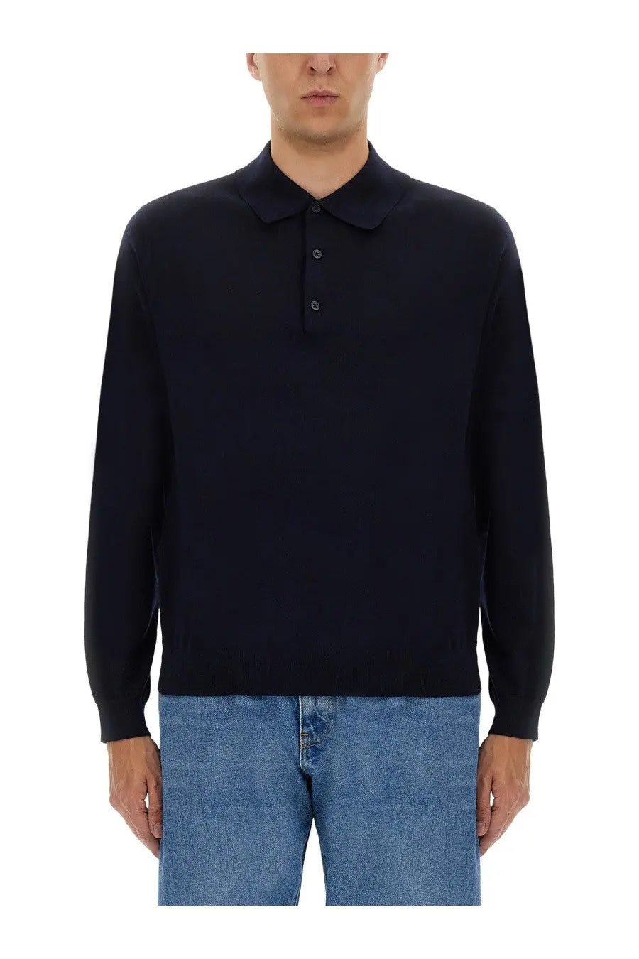 Black long-sleeved wool polo shirt with classic collar and button placket from sunflower mens blue collection