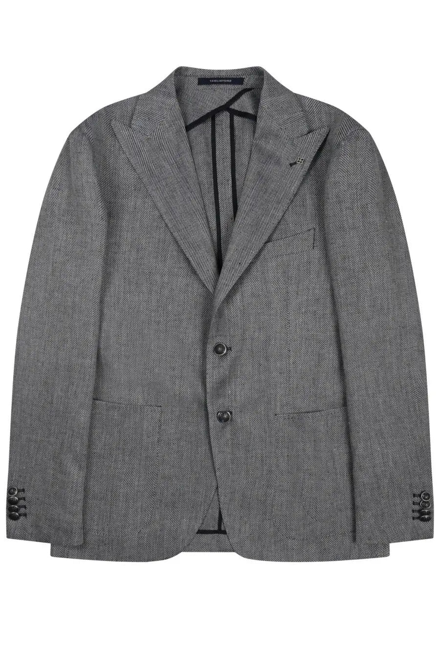 Tagliatore men’s blazer Montecarlo grey tailored gray herringbone wool with black buttons and subtle brand label at collar