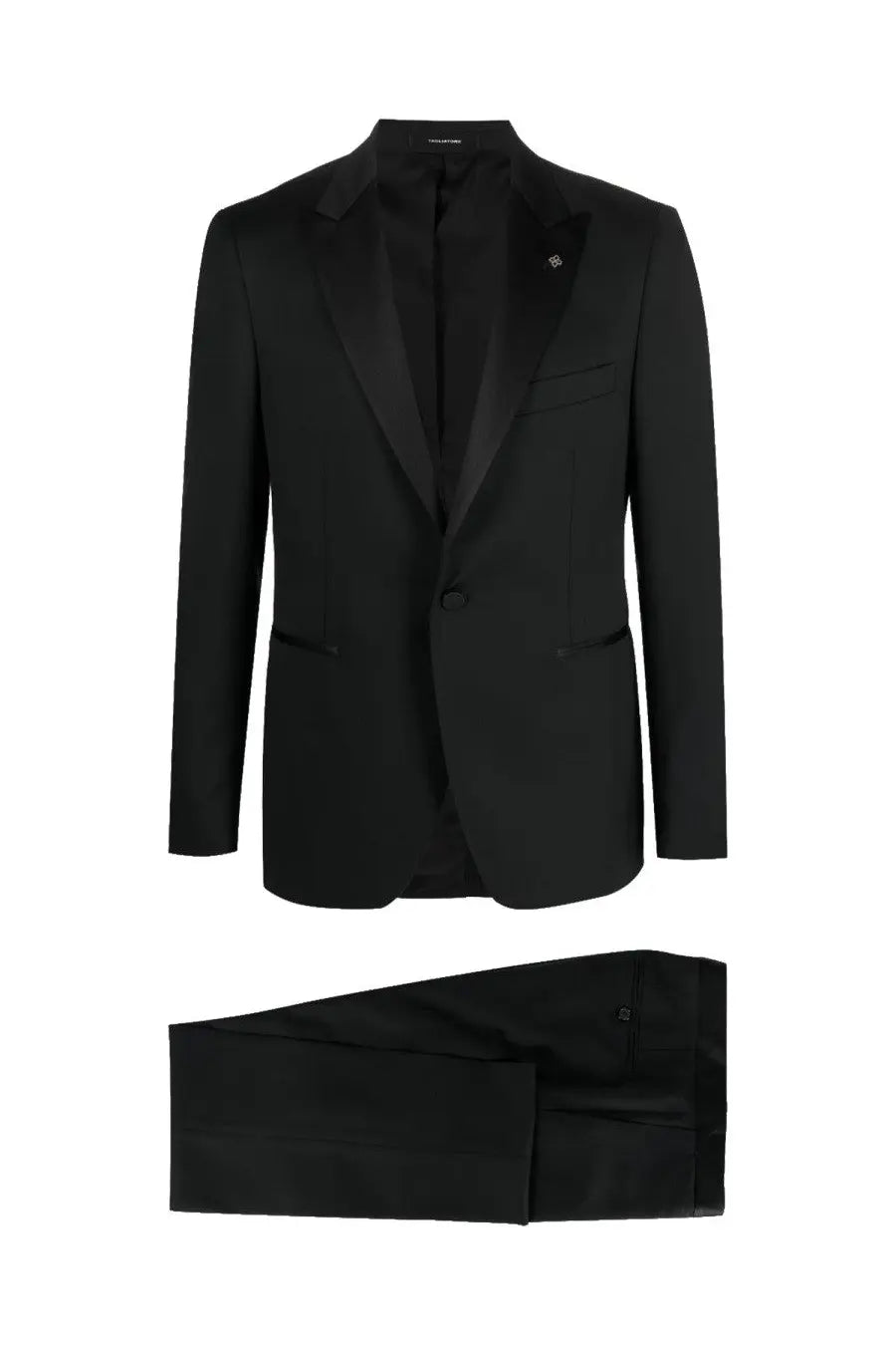 Tagliatore men’s two piece wool dress suit in black with satin lapels and subtle brand emblem on left breast