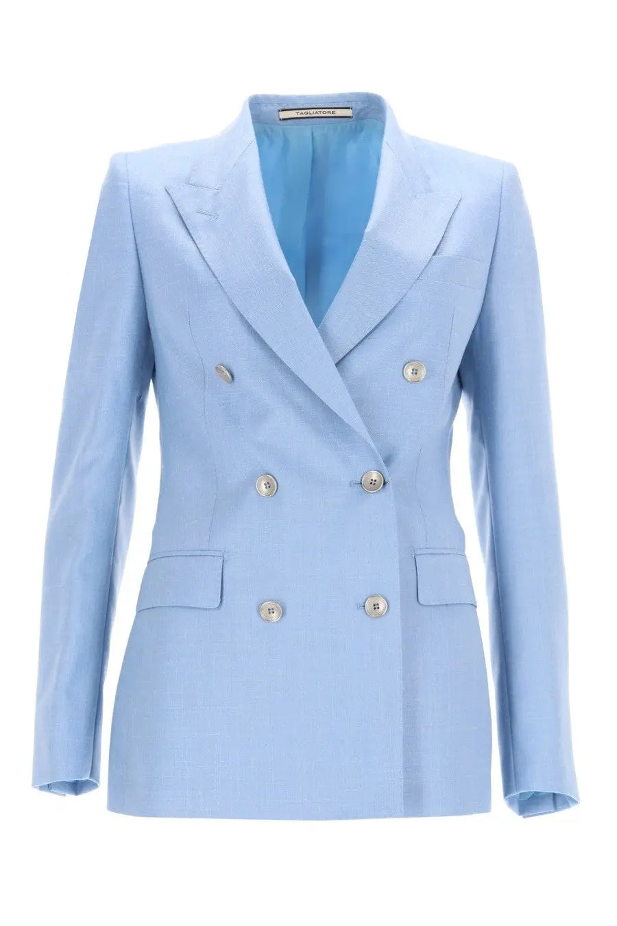 Tagliatore women’s light blue double breasted wool jacket with silver buttons and matching inner lining