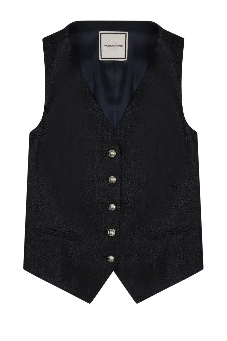 Tagliatore women’s gilet in black textured linen with silver buttons for a stylish layered look