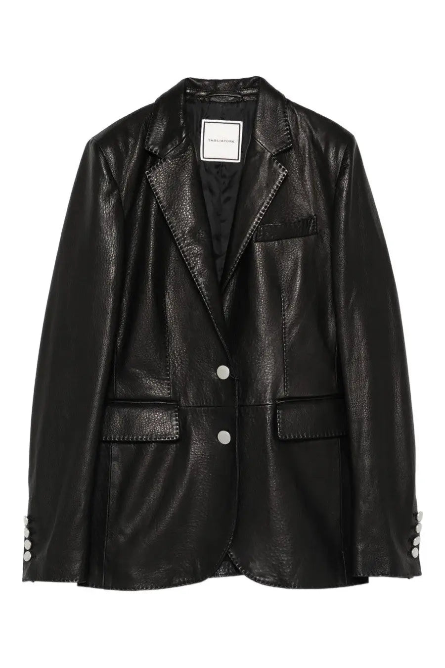 Tagliatore women’s black leather blazer with silver buttons and subtle stitching details