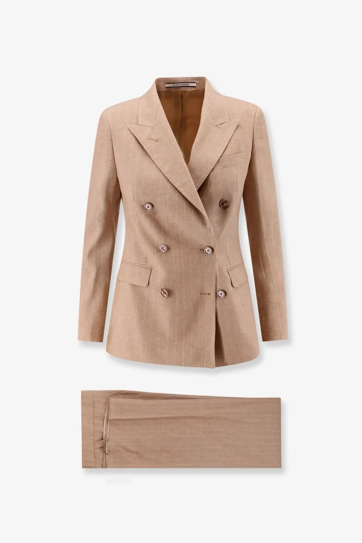 Tagliatore women’s parigi beige pinstripe double-breasted linen and viscose blazer with matching trousers