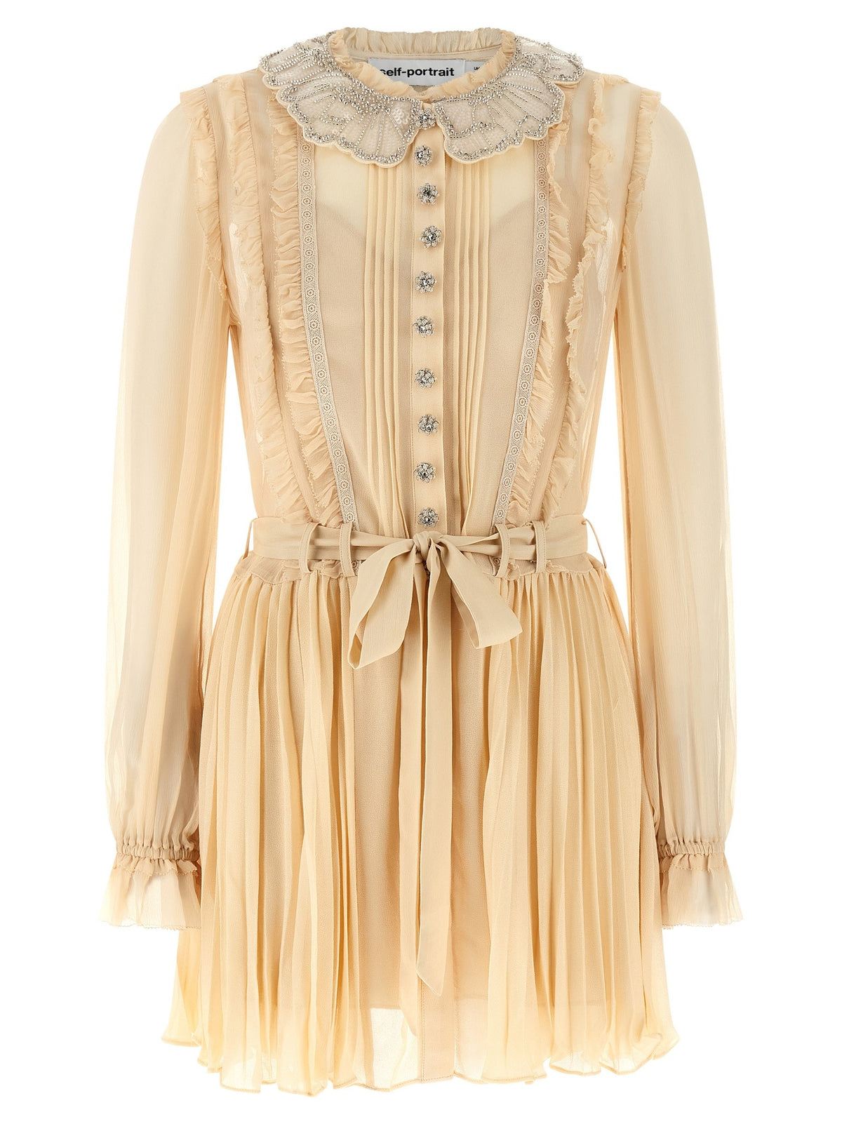 self-portrait Tan Pleated Georgette Mini Dress Yellow
