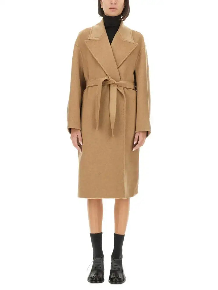 Tan wool trench coat with a belted waist and notched collar