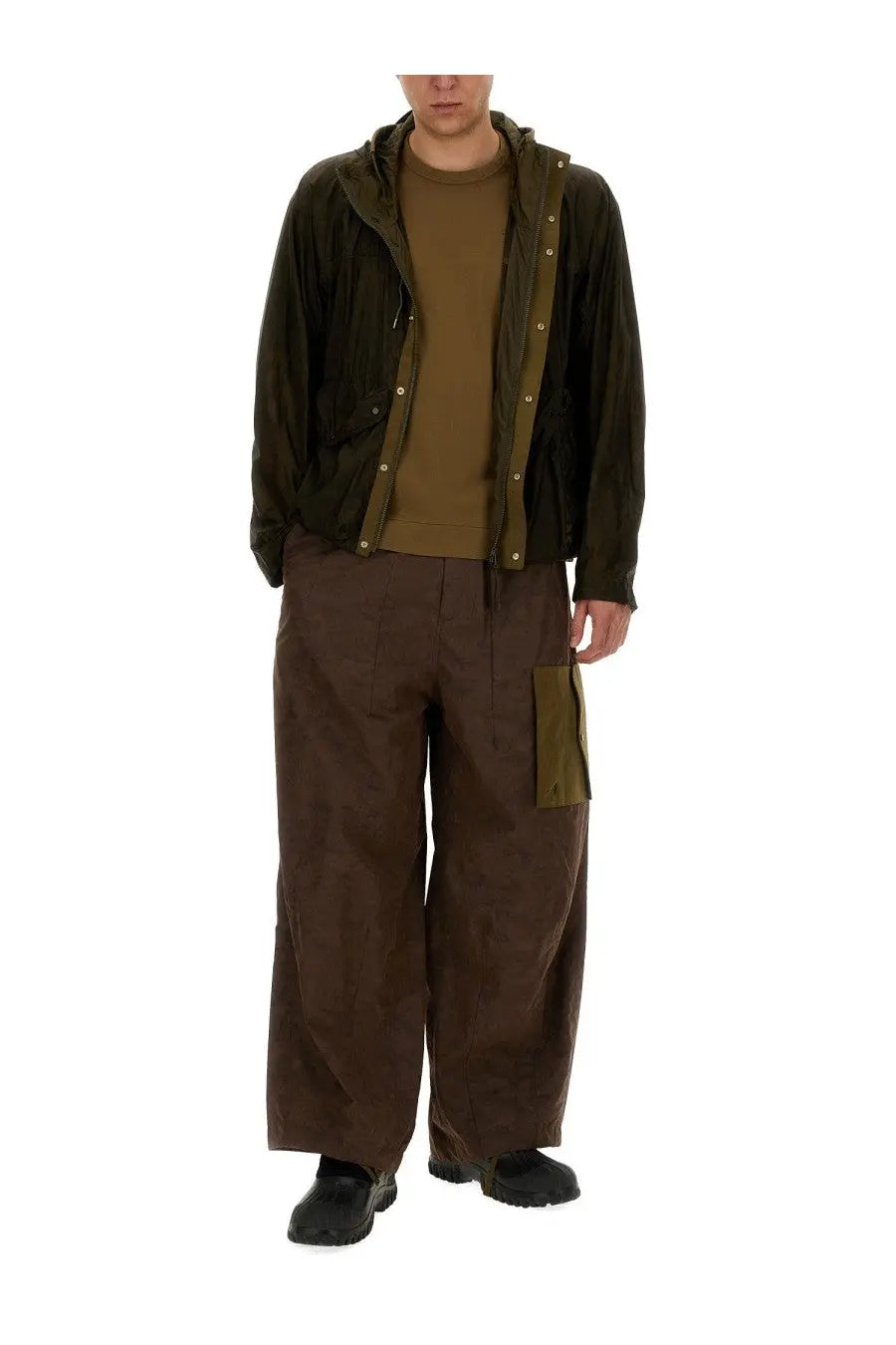 Ten c men’s awake ny ten shirt green dark olive green hooded jacket with button front and tan lining accents