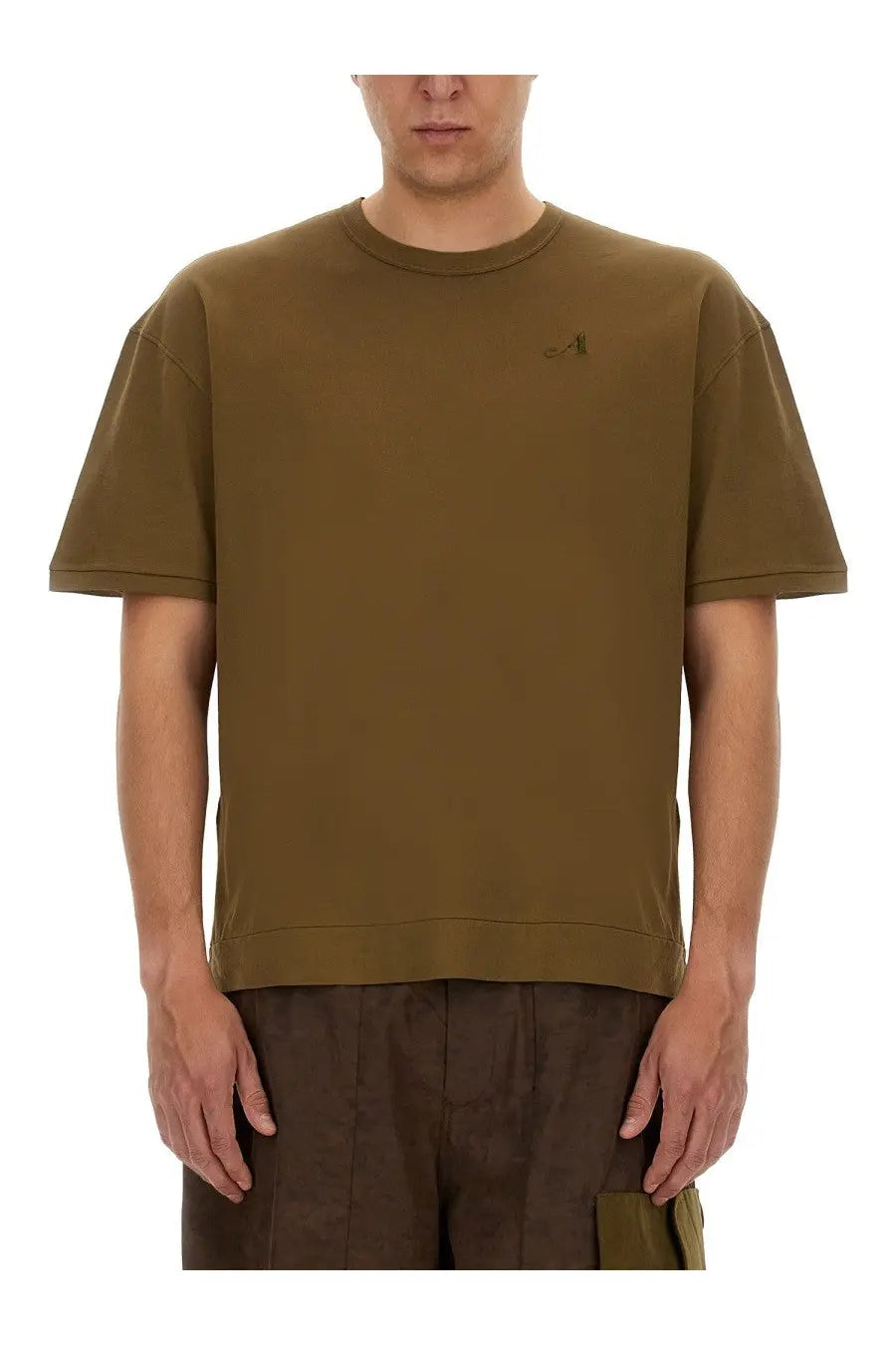 Olive green short-sleeved crew neck men’s t-shirt with small embroidered logo on left chest by ten c awake ny