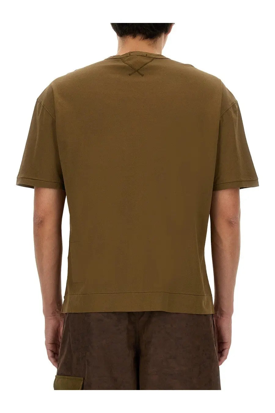 Olive green short-sleeved ten c men’s awake ny ten shirt with subtle cross-stitch detail at the neckline
