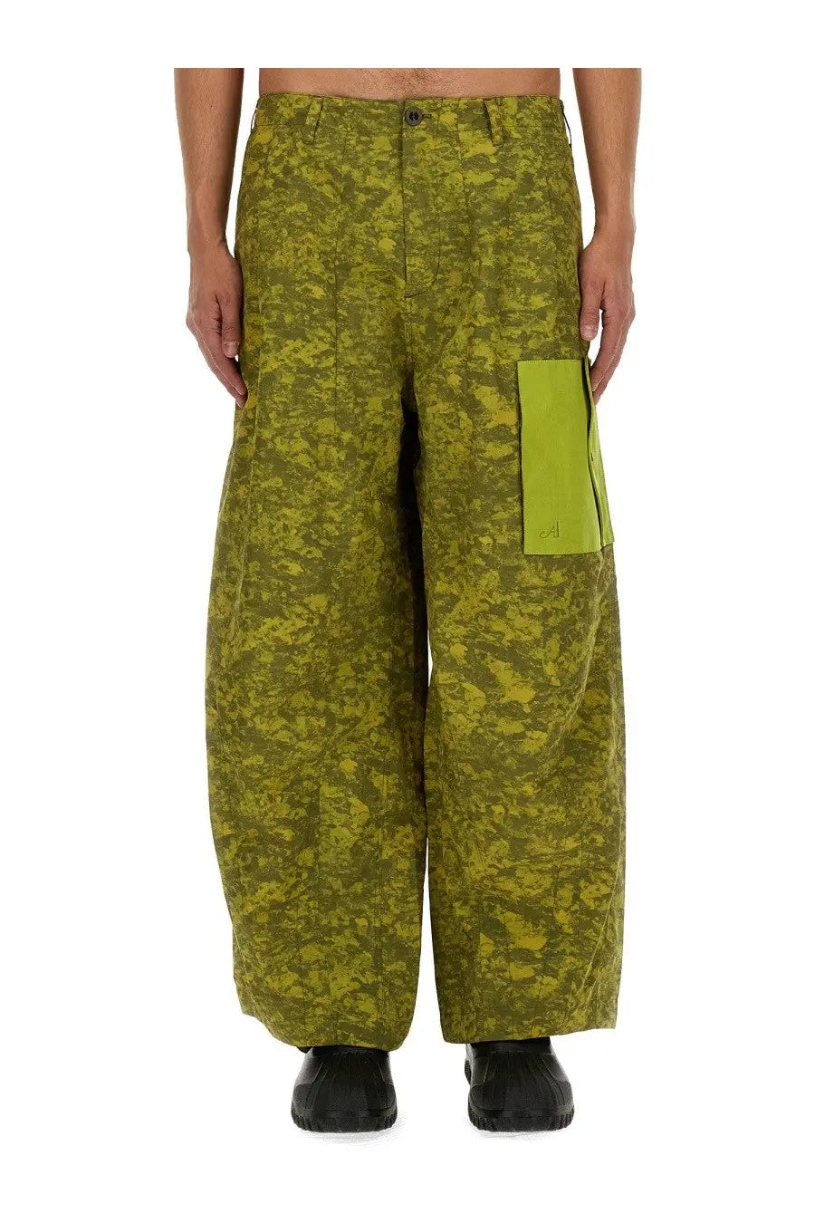 Ten c men’s olive green camouflage wide-leg cargo pants with lime green side pocket patch from awake ny