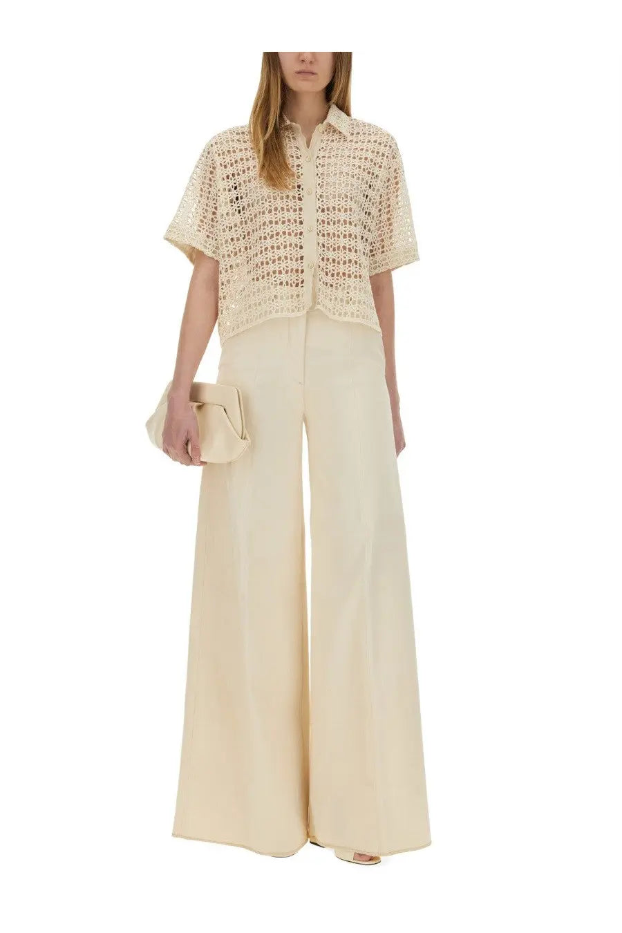 Cream-colored short-sleeved crocheted blouse with button-front design in thelatest women’s wide pant alma white product image