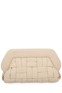 Cream-colored woven leather clutch with structured cushioned design from Themoirè women’s bag Bios White collection