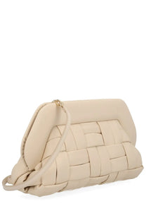 Cream-colored woven leather clutch with structured quilted design and gold-tone hardware from Themoirè women’s bag bios white collection