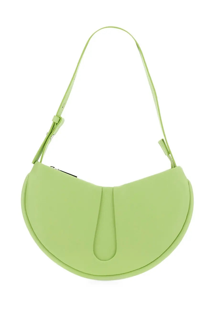 A sleek lime green half moon handbag with smooth leather material in a modern minimalist design by Themoire
