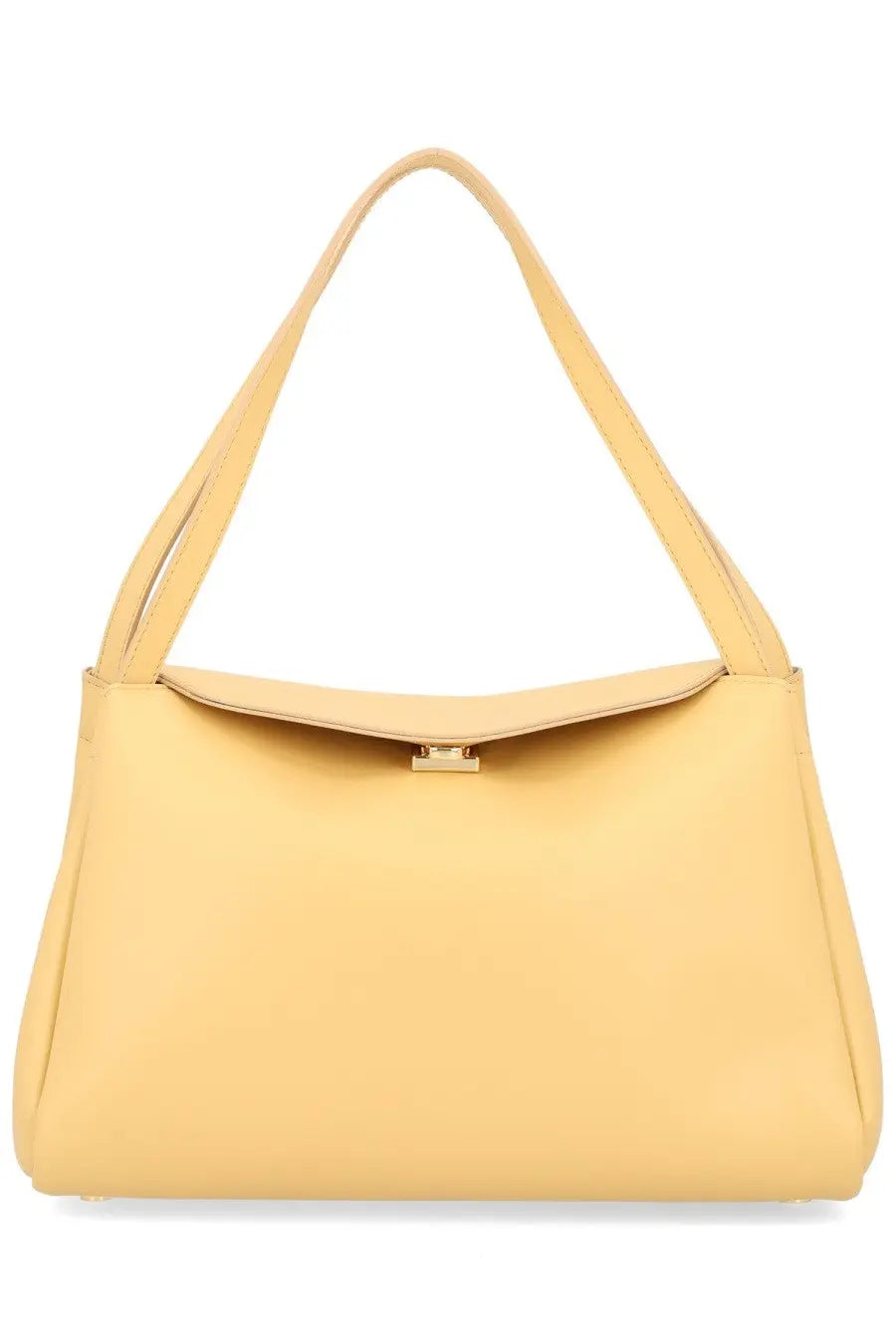 A sleek pale yellow leather shoulder bag with minimalist design and small metallic clasp themoire women’s bag eudora beige
