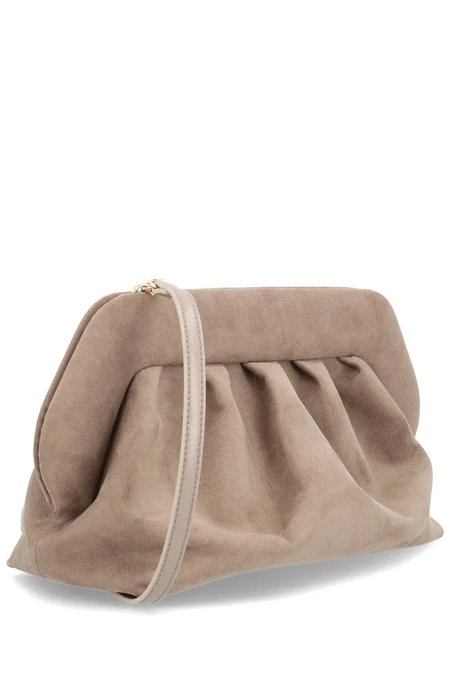 Themoirè women’s beige suede clutch bag with soft draped design and matching strap finished in grey