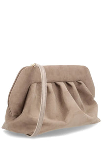 Themoirè women’s beige suede clutch bag with soft draped design and matching strap finished in grey