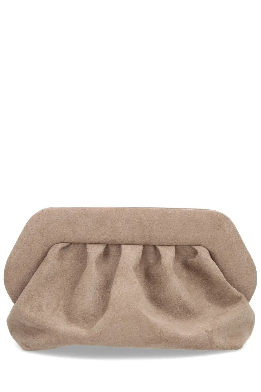 Beige suede clutch with soft ruched design from themoirè women’s bag finish grey collection