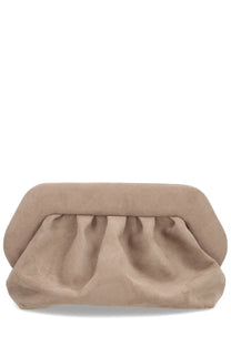 Beige suede clutch with soft ruched design from themoirè women’s bag finish grey collection