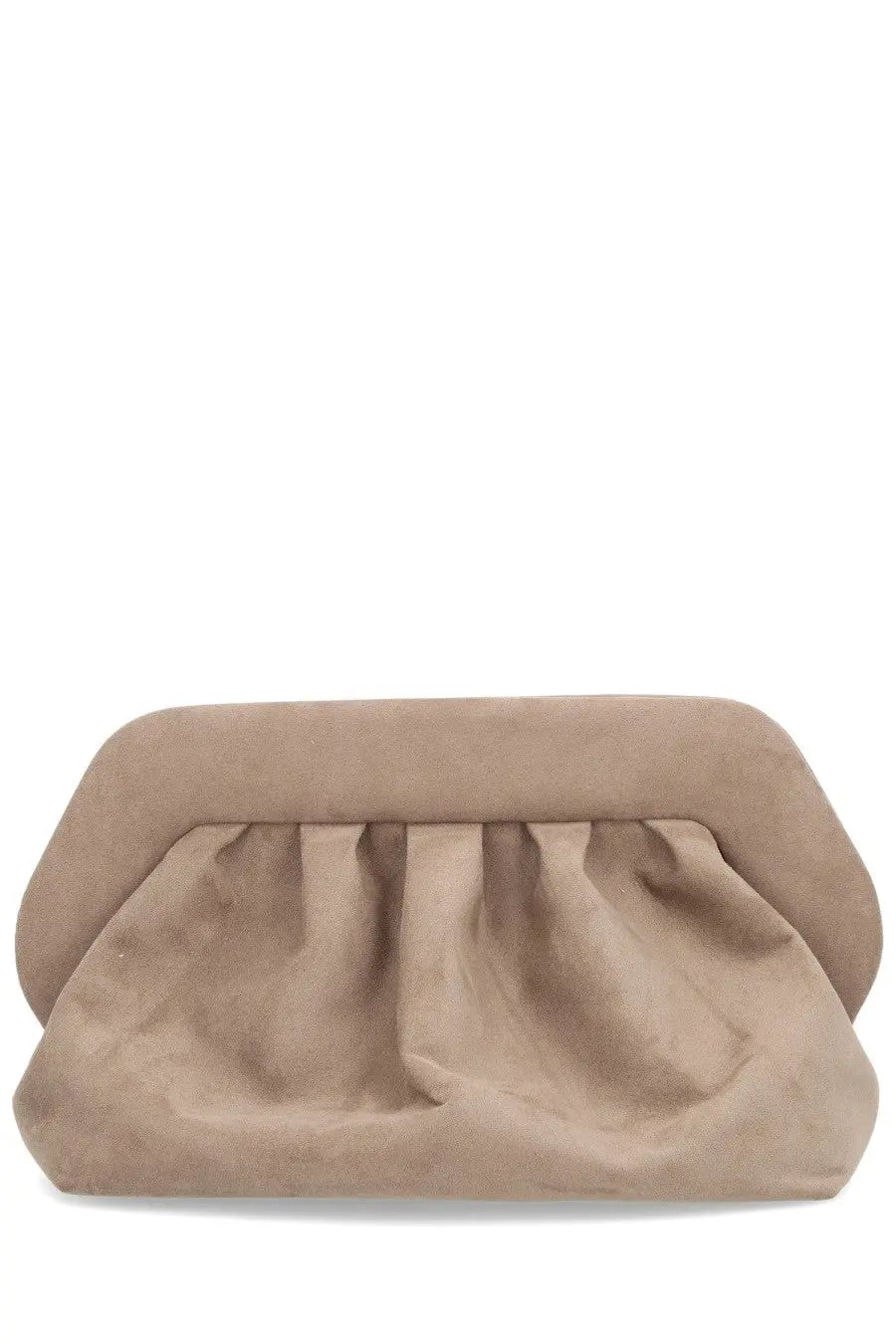 Themoirè women’s bag finish grey beige suede clutch with soft ruched design and rounded edges