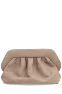 Themoirè women’s bag finish grey beige suede clutch with soft ruched design and rounded edges