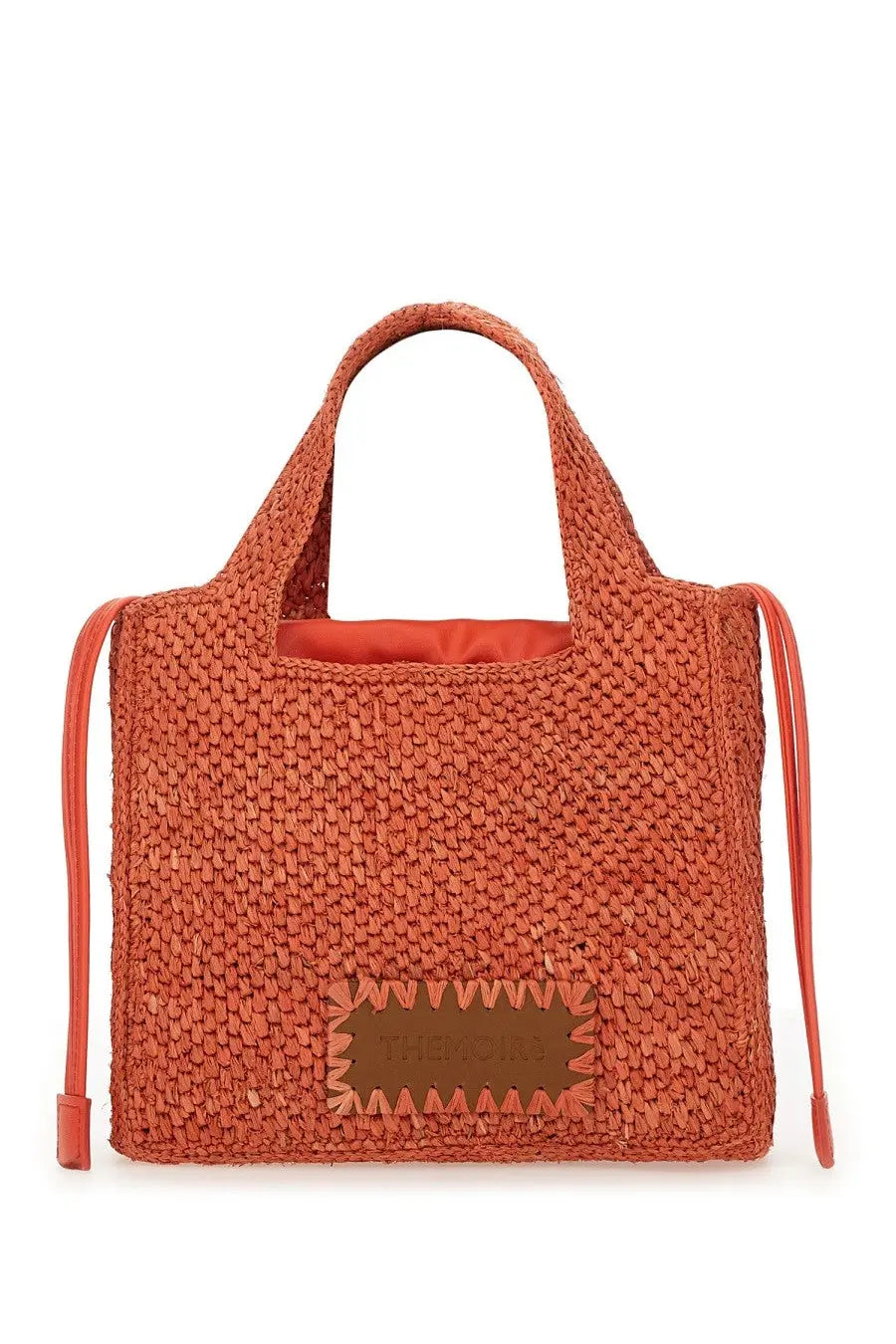 Themoirè women’s small orange woven tote bag with matching leather patch and drawstring handles