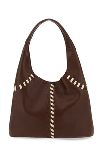 Themoirè women’s brown leather hobo bag with cream-colored stitched accents along the sides and front