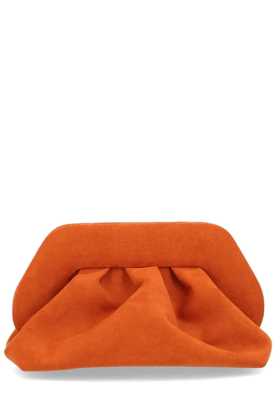 Themoirè women’s bag tia orange soft orange suede clutch with gathered ruched center and rounded edges
