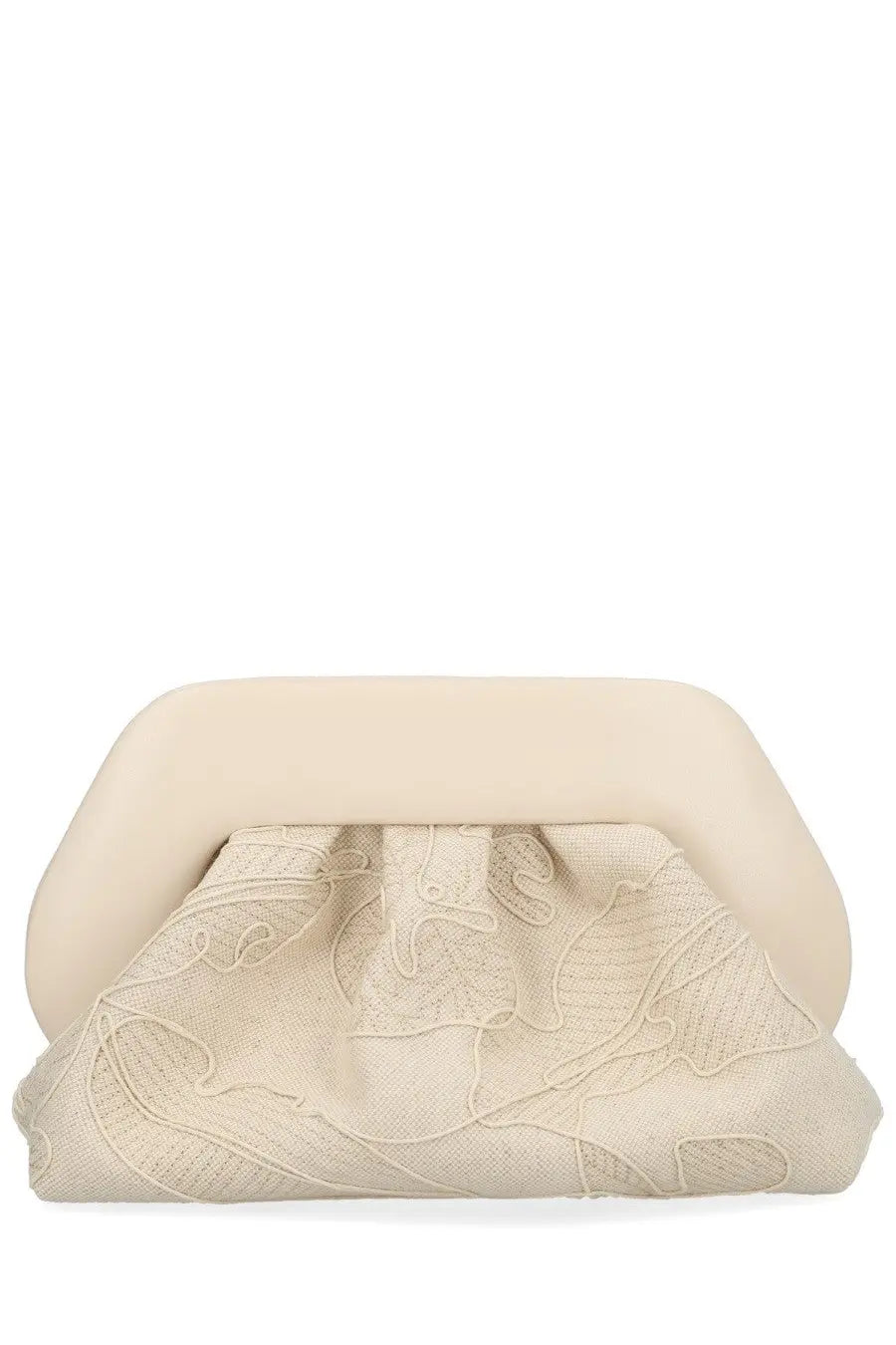 Cream-colored themoirè women’s bios bag clutch with soft sculpted top edge and embroidered leaf patterns on textured fabric