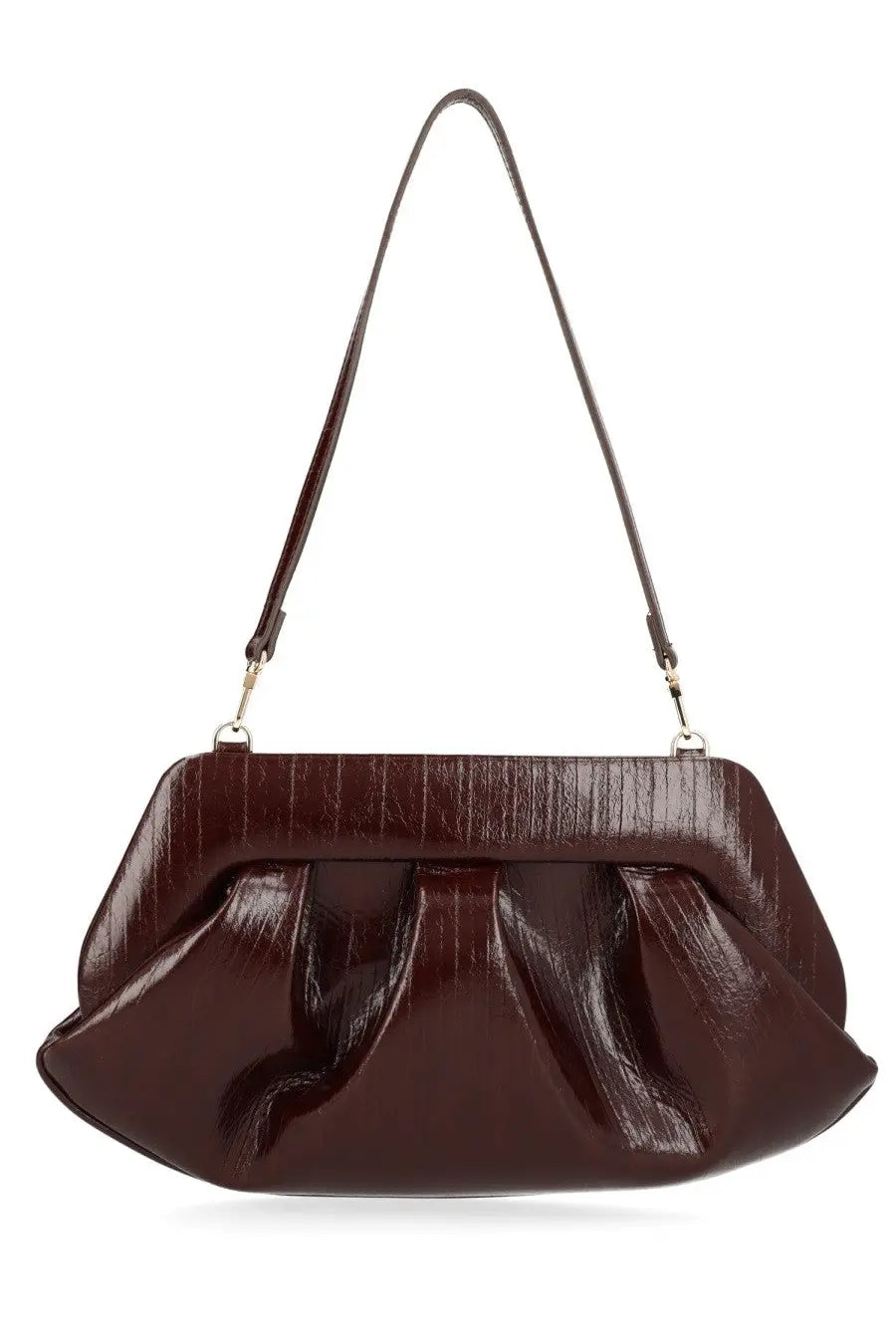 Themoirè women’s bios baguette bag brown is a glossy burgundy clutch with textured pleats and a slender shoulder strap