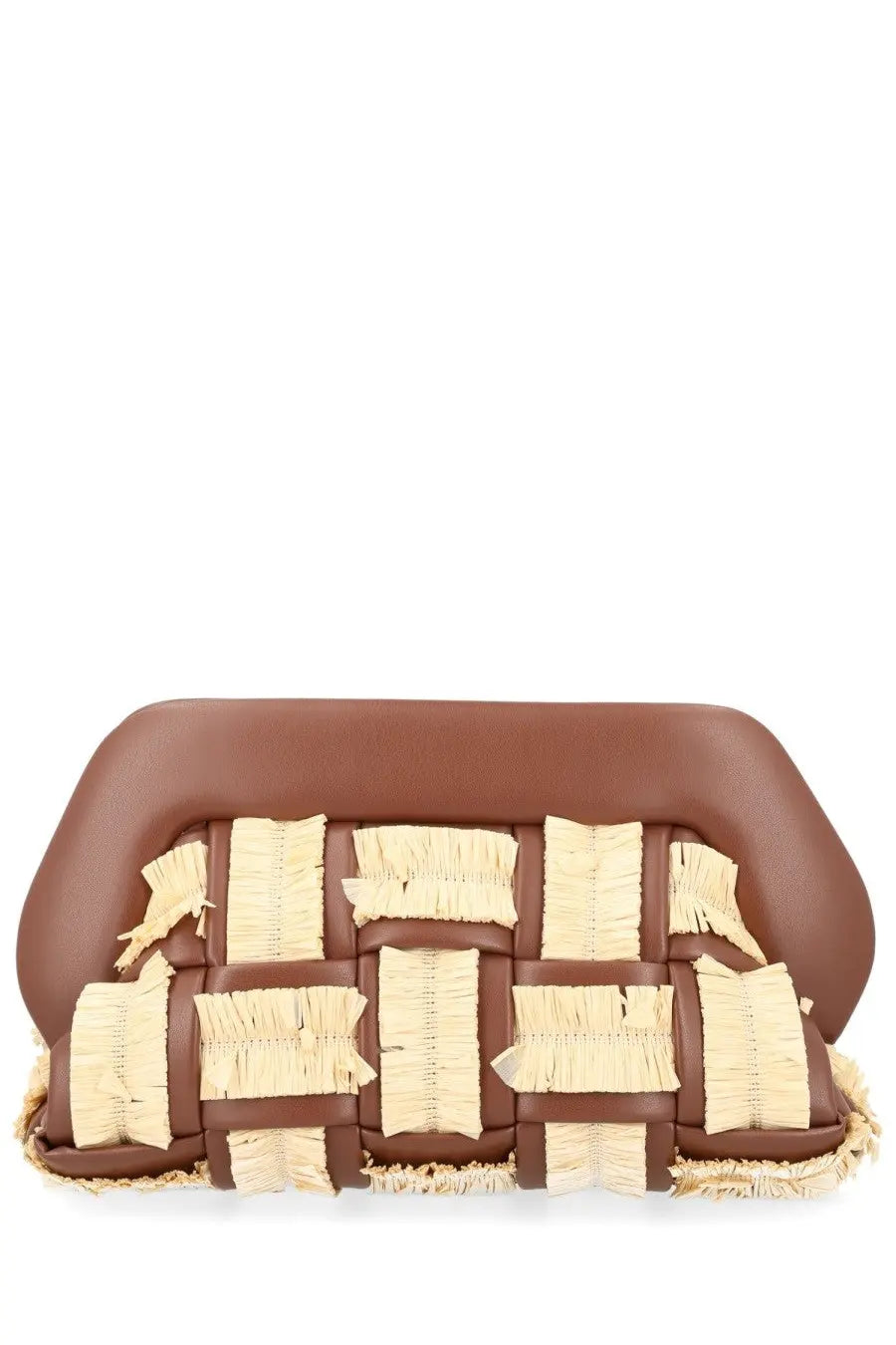 Themoirè women’s brown leather clutch with woven beige raffia details in a borsa bios con dettagli intrecciati design