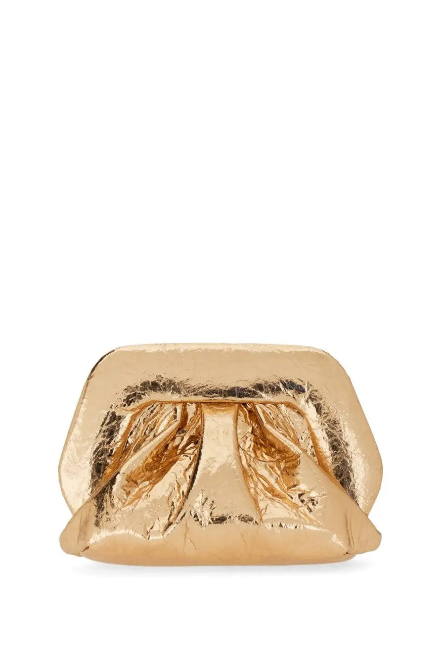 Themoirè women’s gold metallic clutch with crinkled textured surface and soft folds perfect for elegant occasions