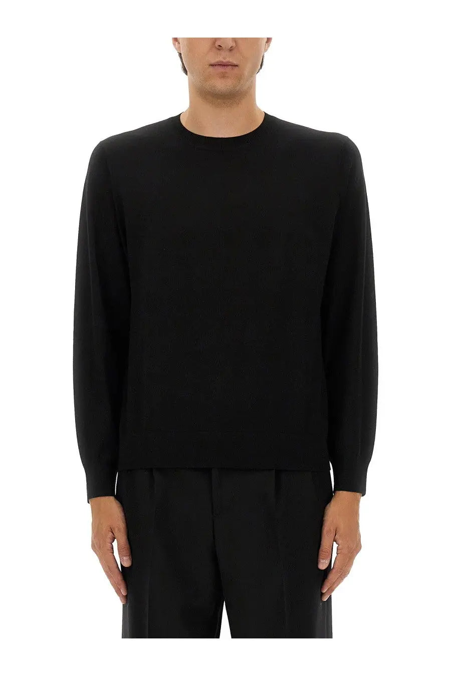 Theory men’s wool jersey black long-sleeved crewneck sweater with a smooth minimalist design