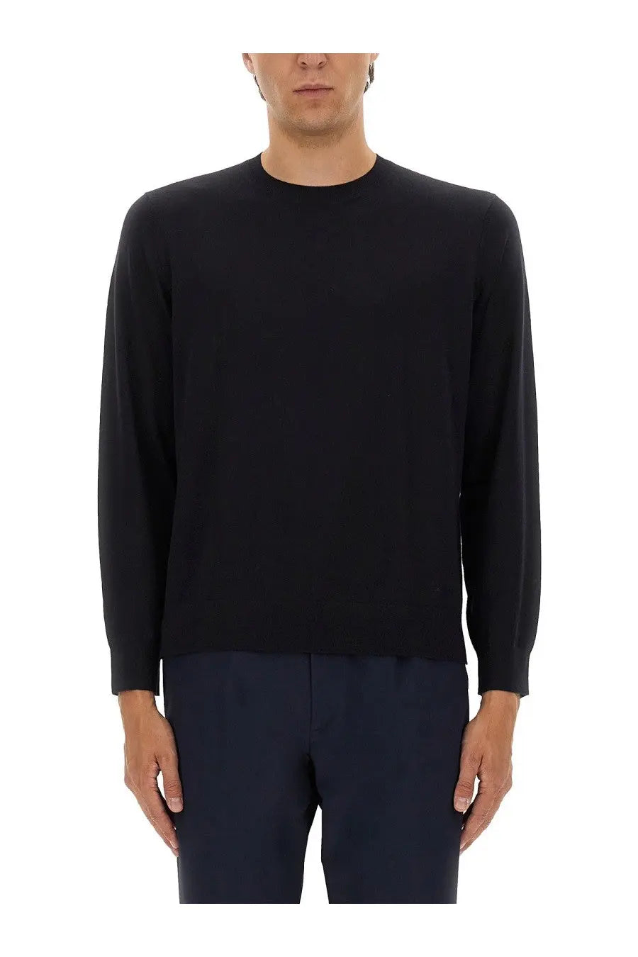 Theory men’s wool jersey blue black long-sleeved crewneck sweater with smooth fine-knit texture