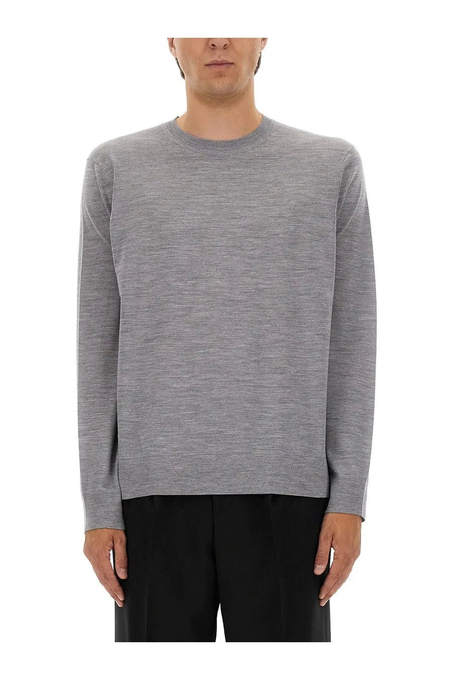 Theory men’s wool jersey grey sleek heather gray long-sleeved crewneck sweater with fine knit texture