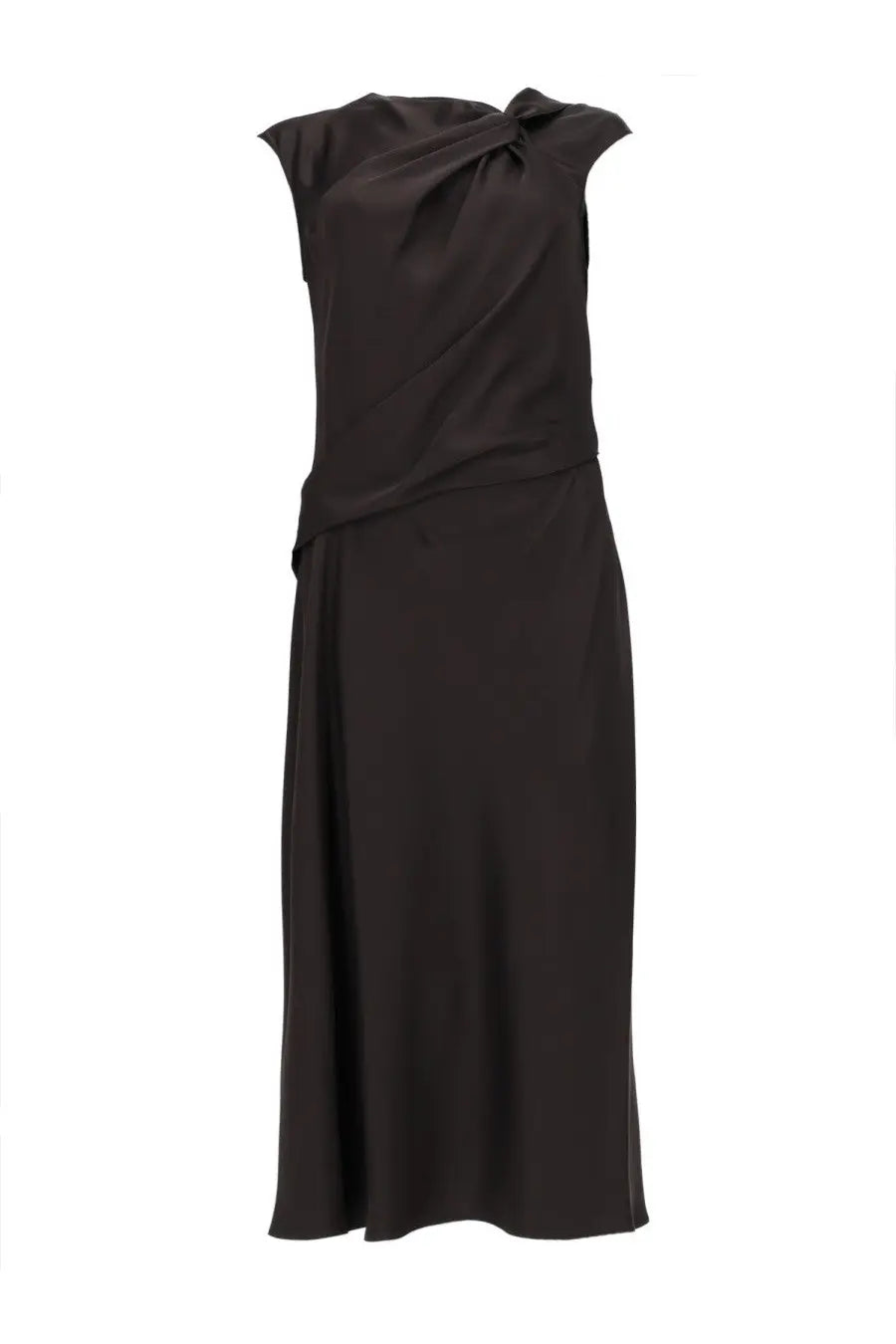 Theory women’s sleeveless satin grey dress with draped knotted neckline and flowing silhouette